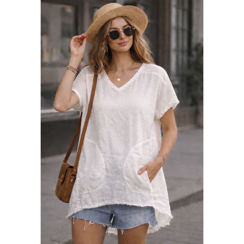 Wearables Linen Blend Oversized Top Womens XS White High Low Pocket Tunic Blouse